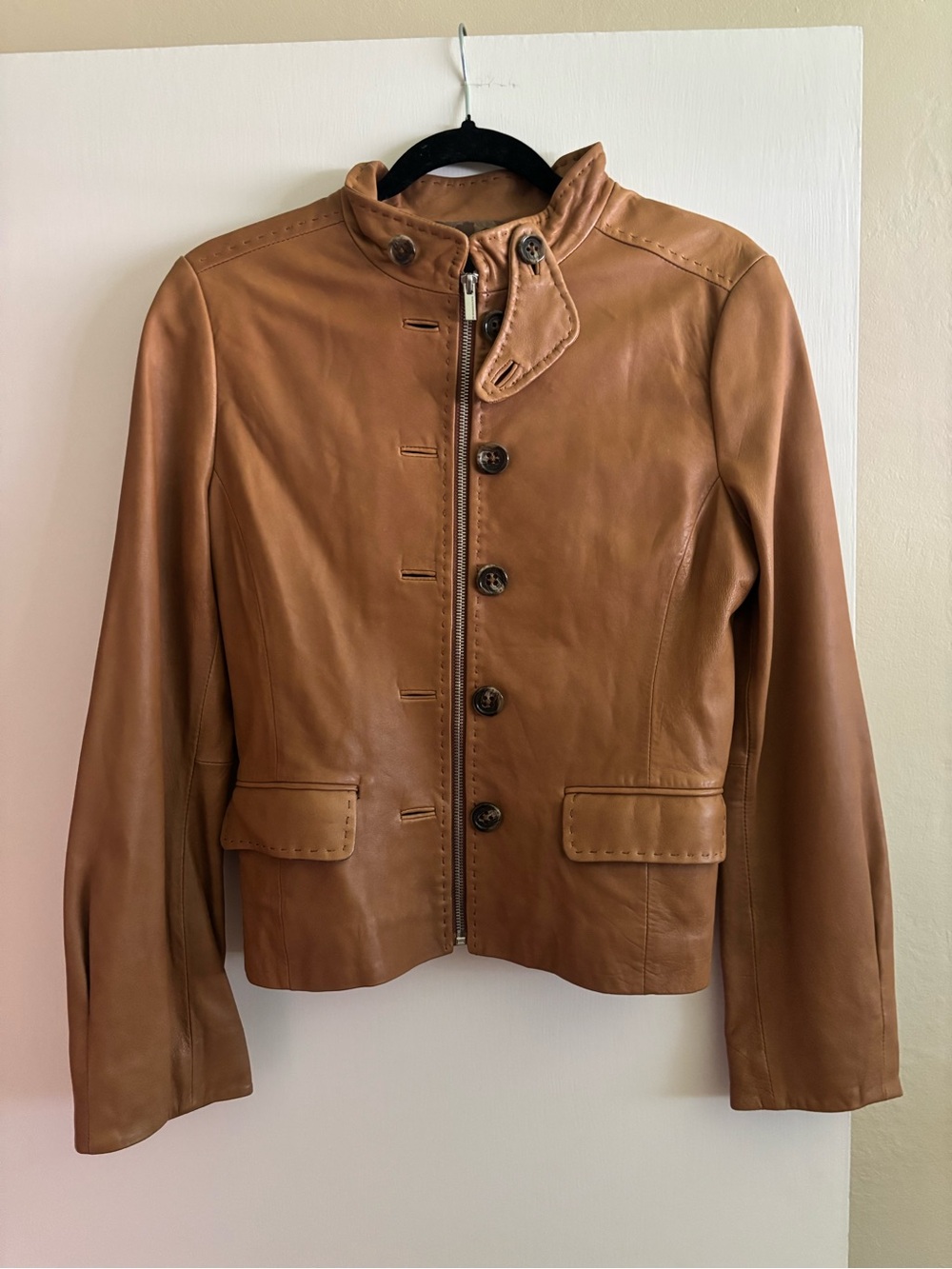 BCBGMaxAzria Tan Leather Button-Front Jacket